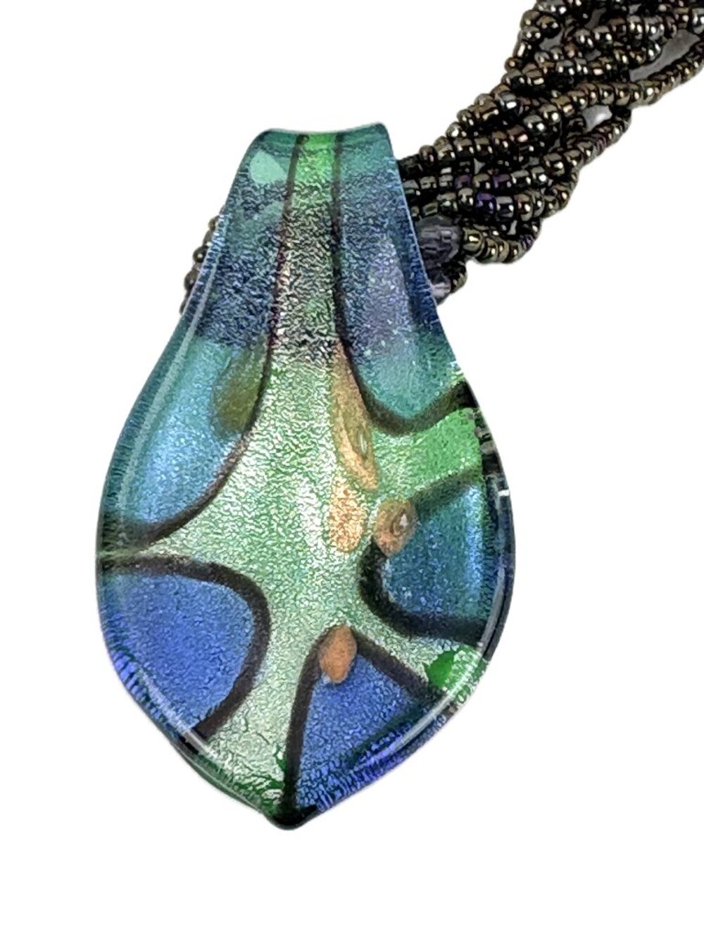 Murano Style Glass Green, Blue, Gold Pendant with 4 strands of Tiny Glass Beads